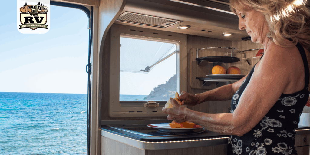 a woman in her RV prepping food and thinking about her insurance for living in her RV in full time